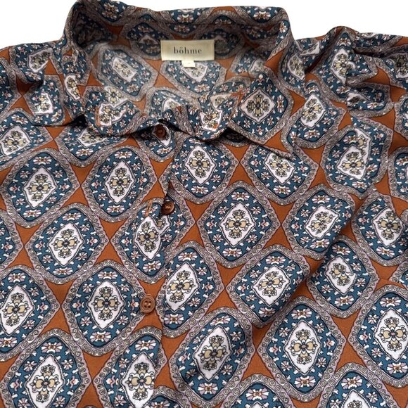 Bohme Womens Size S Long Sleeve Button-Down Shirt Geometric Print Blue & Rust - Picture 3 of 6